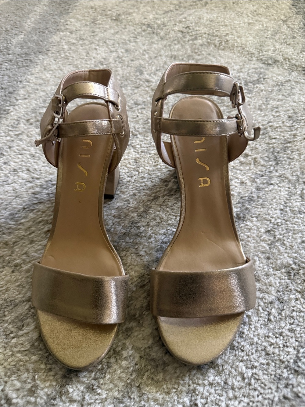 Unisa Rose Gold Block Heel Sandals with Double Ankle Straps